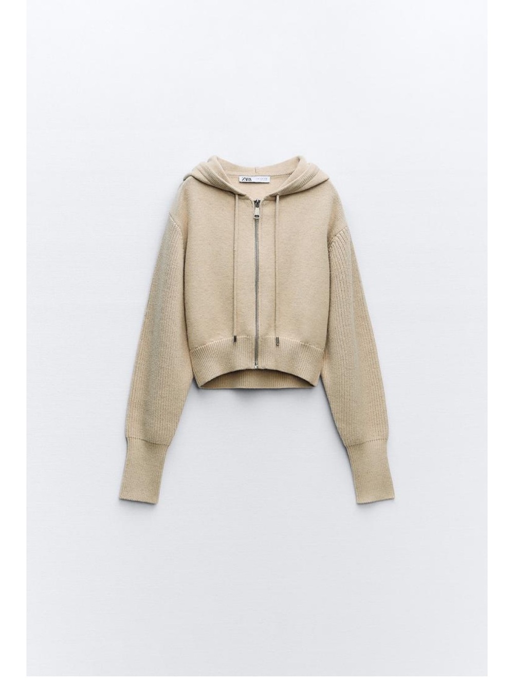 Zara Cropped Hooded Zip Knit in Beige